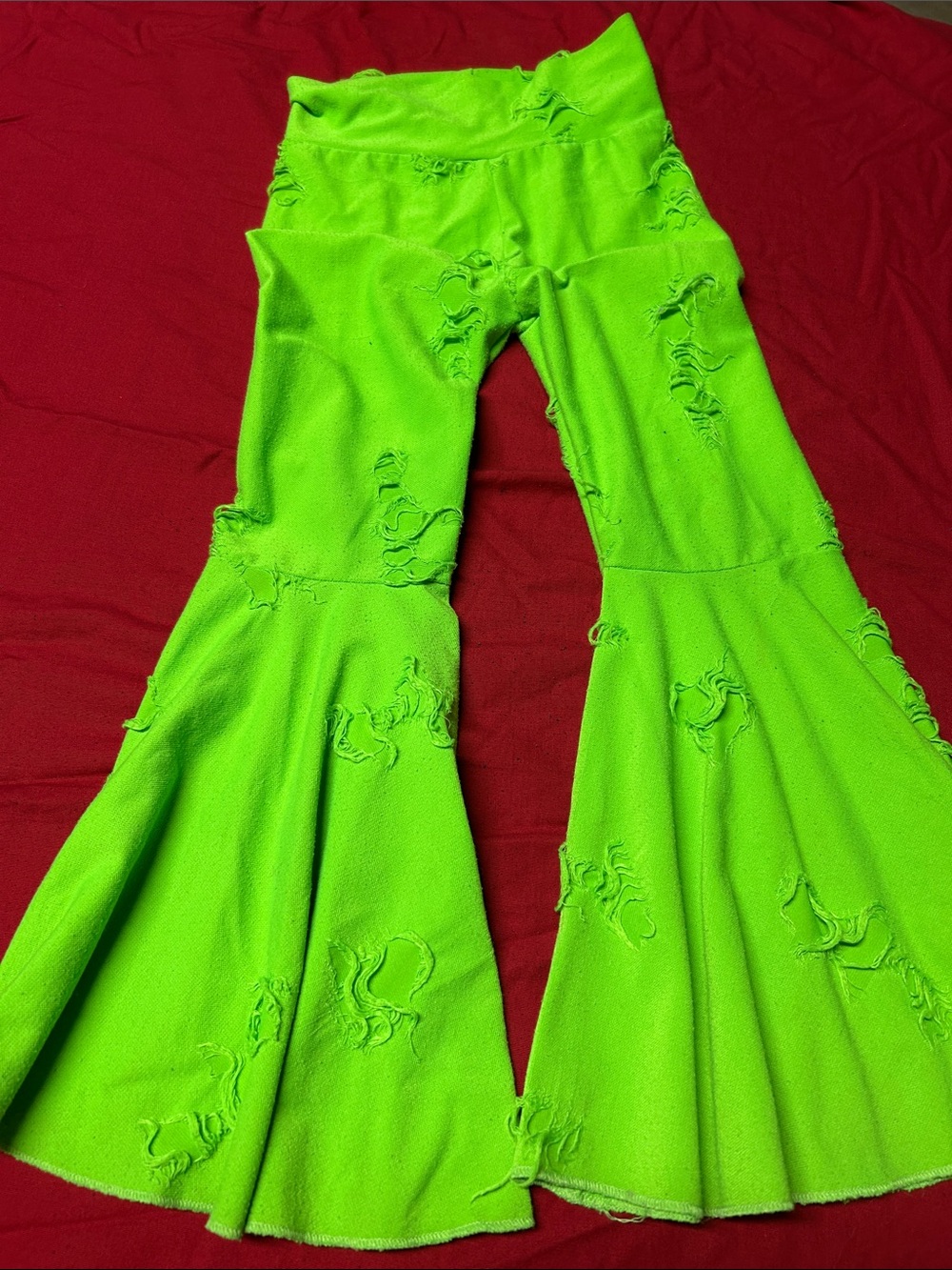 Bright Neon Green Distressed Bell-Bottom Pants
